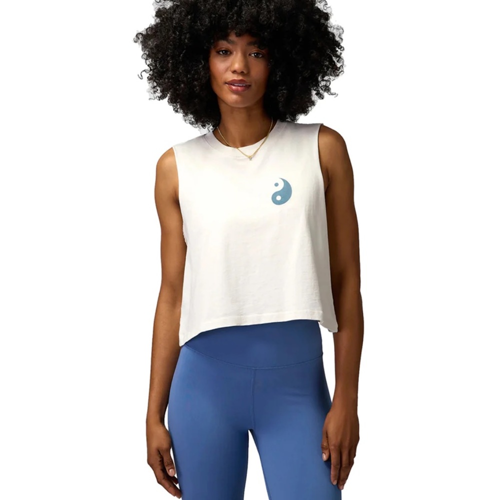 Spiritual Gangster Cream Cropped Tank with Light Blue Yin Yang